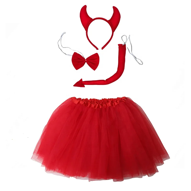 halloween cartoon girl tutu dress for children red devil costume horns headband bow tail and tutu skirt 4pc set