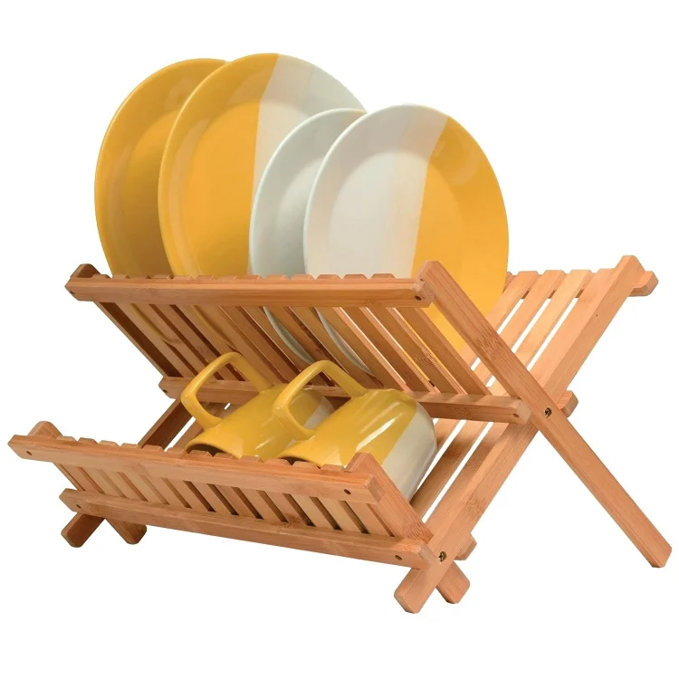 2-Tier Collapsible Dish Drainer Foldable Bamboo Plate Rack Space-Saving Organizer for Kitchen Countertop
