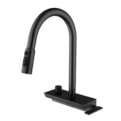 Stainless Steel Temperature Digital Display Pull Down Kitchen Faucet with Base Waterfall