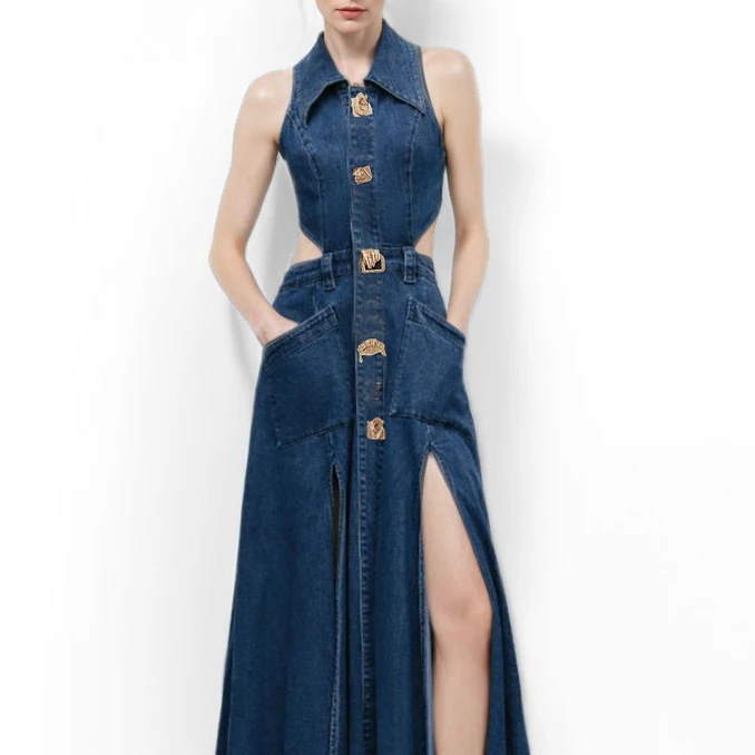 Sleeveless Maxi Denim Dress Button Ruffle Decoration Natural Waist Breathable Sustainable Washable Anti-Static Cotton Party ODM