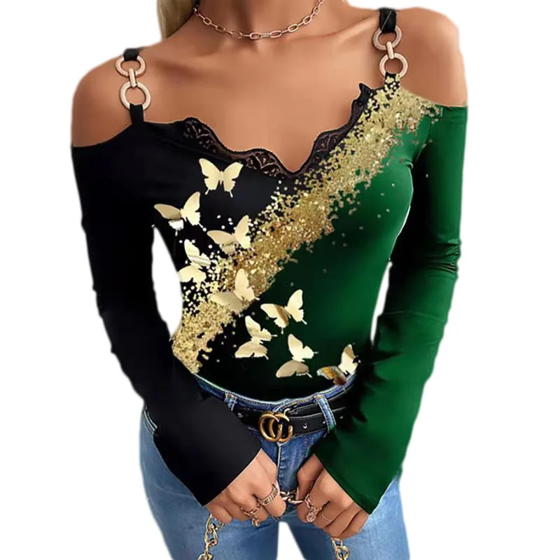Fashion bronzing butterfly pattern tops for women low-cut sling women shirts 2021 lace edge plus size women clothing