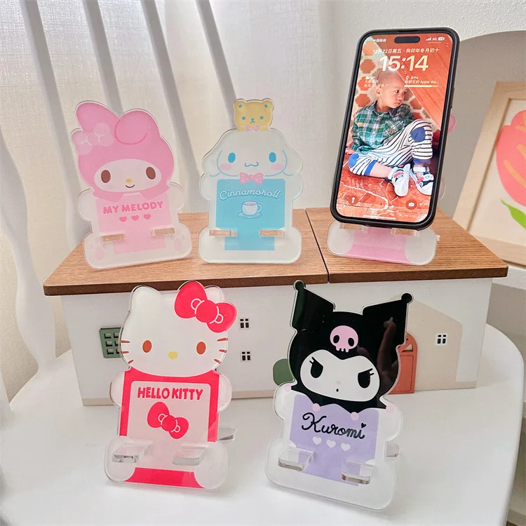 Sanrioed Desk Mobile Phone Holder Hello Kt Cinnamoroll Kuromi Phone Stand Flat Support Frame Photo Shelf Ipd Rack Home Decor