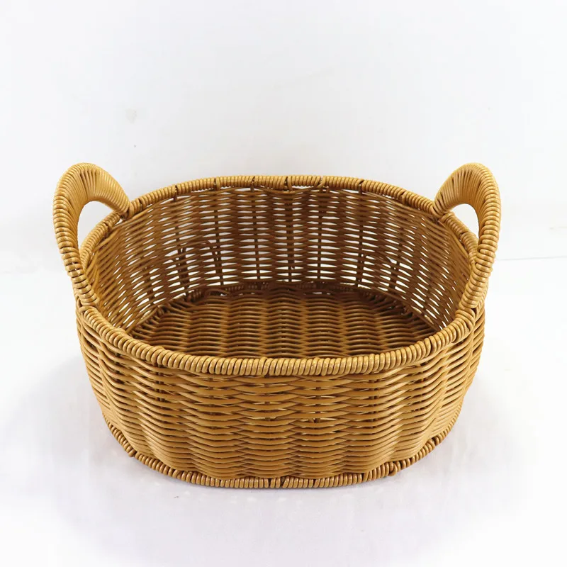 Hand Woven Plastic Rattan Basket Handle Small Round Wicker Portable Fruit Storage Basket Holiday Gift Basket