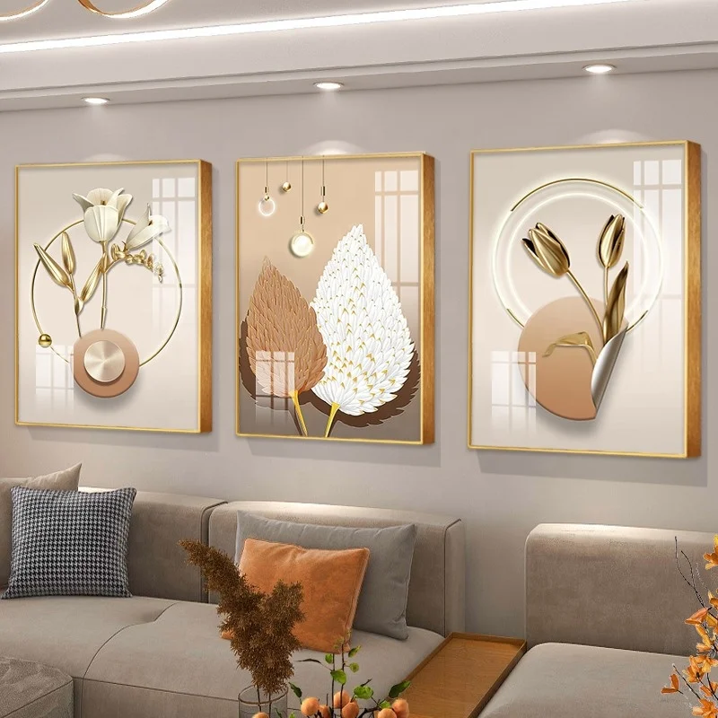 Scandinavian Light Luxury Flower and Leaf Crystal Porcelain Painting for Sofa Background Wall and Dining Room Wall Decoration