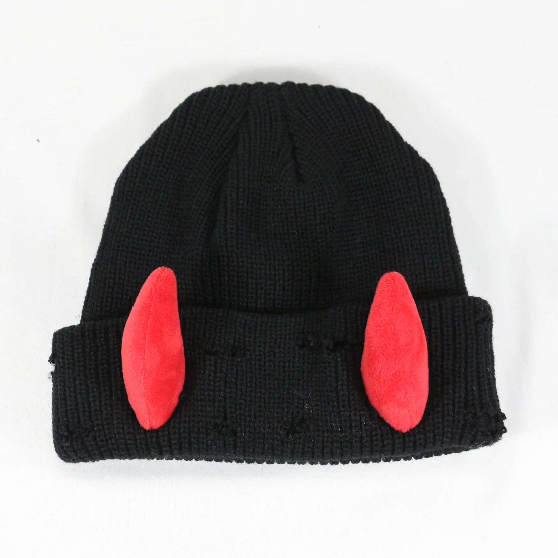 Custom Winter Halloween Funny Distressed Demon Devil Horns Cuffed Acrylic Knitted Beanie Hat With Horns