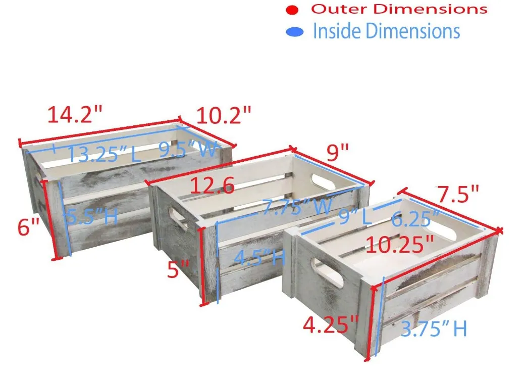 Rustic White Set of 3 Distressed Decorative Wood Crates Storage Container wooden box