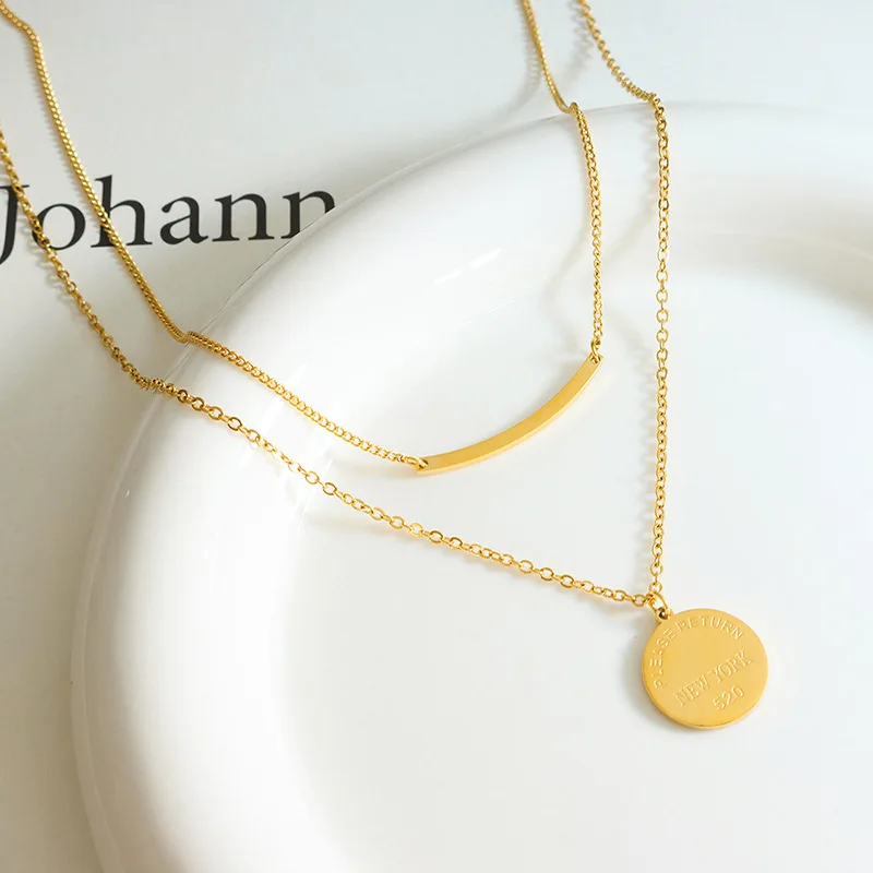 Alphabet Double-layered Arc & Round Stainless Steel Necklace 18k Gold-plated Necklace collier acier inoxydable bijoux