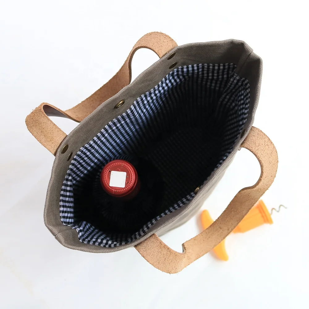 CHANGRONG Custom reusable waterproof grey waxed canvas leather tote bottle carriers wine bag