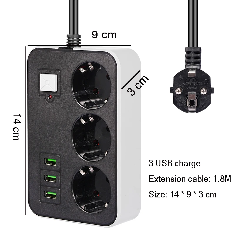 2 Round Pin EU RUS Plug Power Strip Switch 1.8 M cable Universal Outlets 3 USB Electrical Extension Cord Socket Network Filter