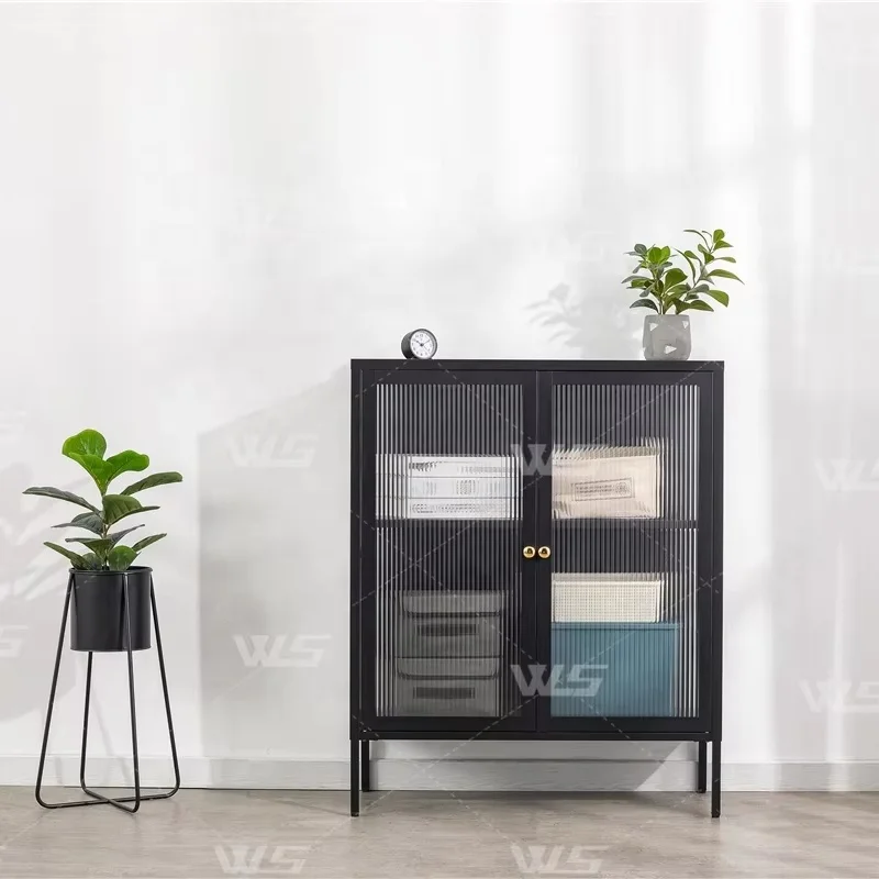 Sophisticated Steel Cabinet with Transparent Striped Glass Panels Improve Your Decoration