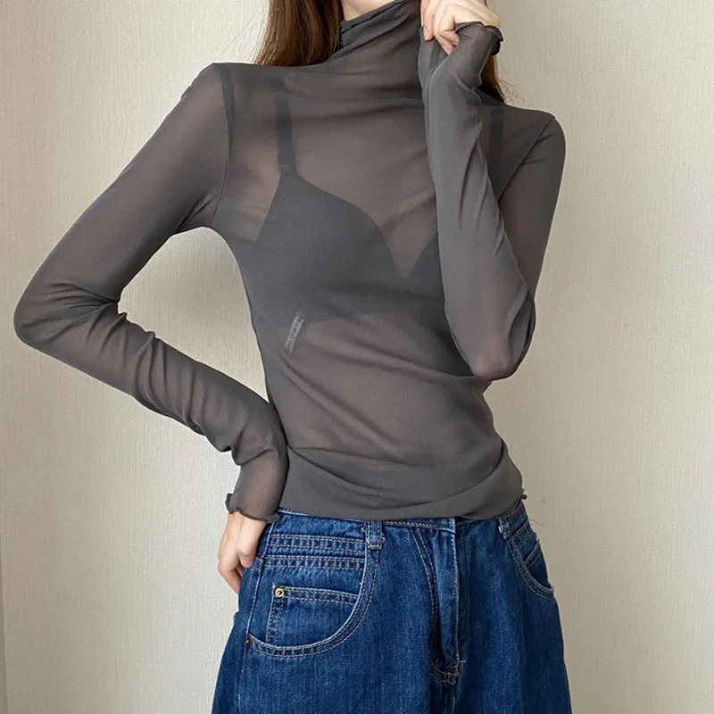 Underlay shirt for women, new layered long sleeved transparent mesh top