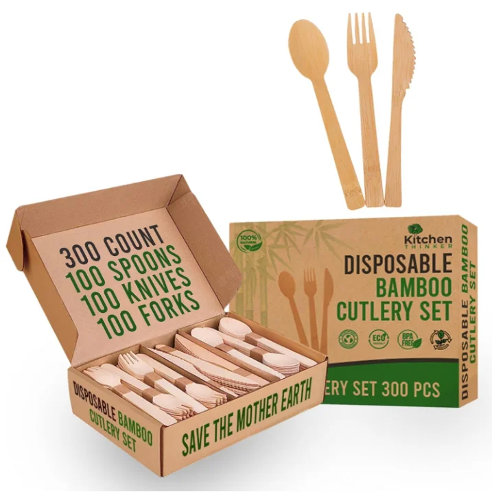 Low-Priced Customized Logo Bamboo Tableware Set Includes Knife Fork Spoon for Hotel Takeout Disposable Eco-Friendly Cutlery