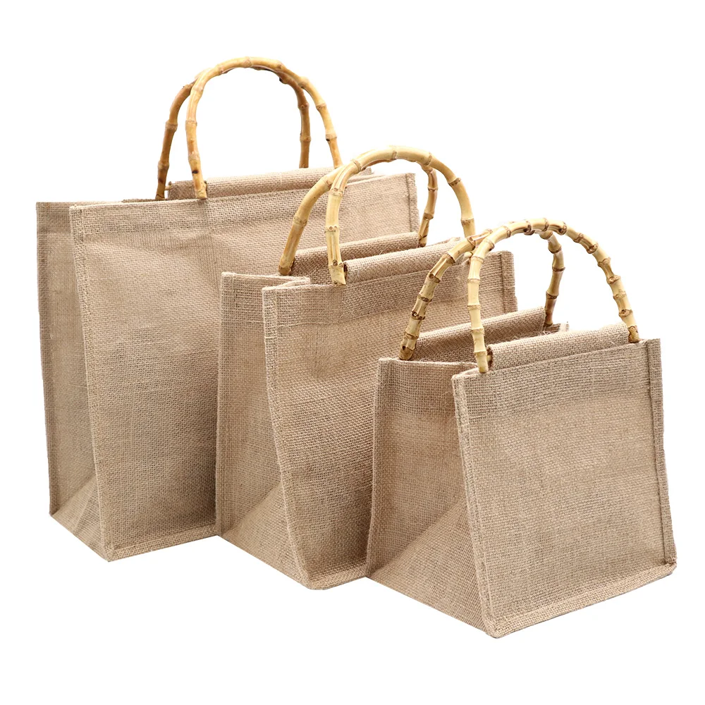 Natural Jute Bag with Bamboo Handle Wholesale Eco Friendly Jute Burlap Grocery Bag Customizable Carry Beach Gift Bag