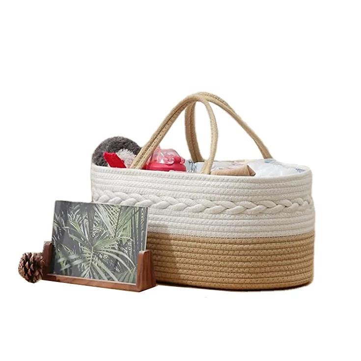 Baby Diaper Caddy Organizer, Rope Woven Nursery Storage Basket with Adjustable Divider, Portable Car Travel Diapers Organizer,