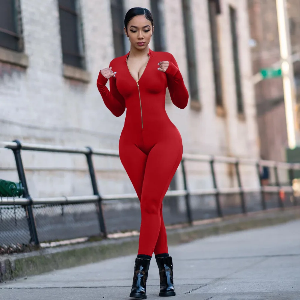 Casual Sexy Stretch Zipper Solid Bodycon Fall Jumpsuits For Sports Yoga Cloth Long Sleeve Jumpsuit Women