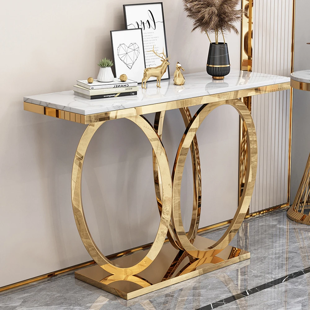 Luxury Living Room Furniture Gold Hallway Mirror Marble Glass Gold Metal Frame Console Table for Home