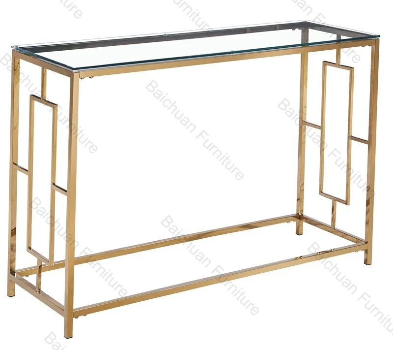 2024 classic stainless steel frame console table with clear glass top for living room furniture square entrance table