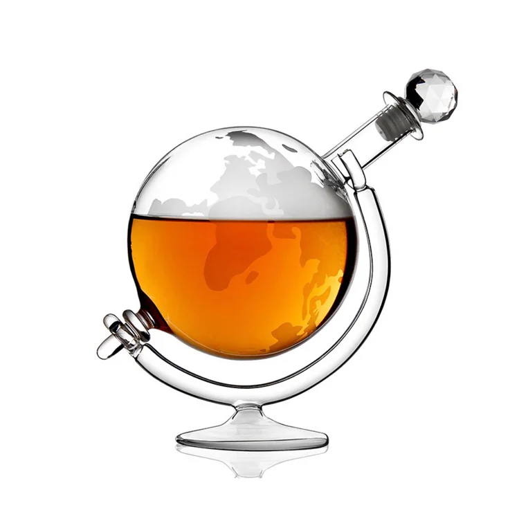 World Etched Globe Glass Whiskey Decanter without sailboat inside glass lid ad glass base all crystal transparent