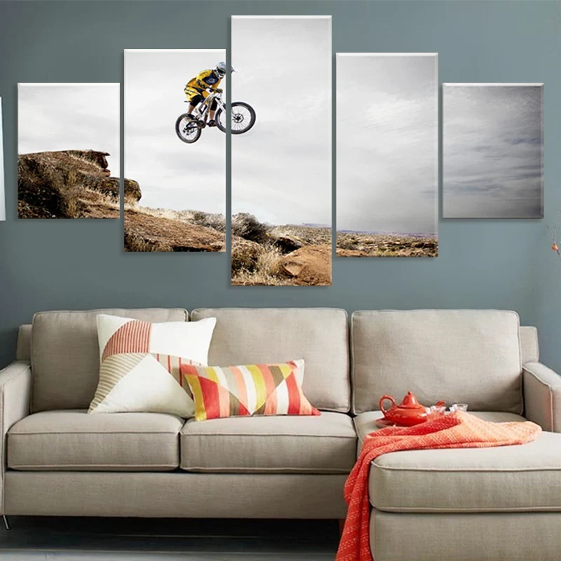 Home Decor Canvas Print Painting 5 Panel Bicycle Jump Mountain Picture Bike Sport Poster For Living Room Wall Art Decorative