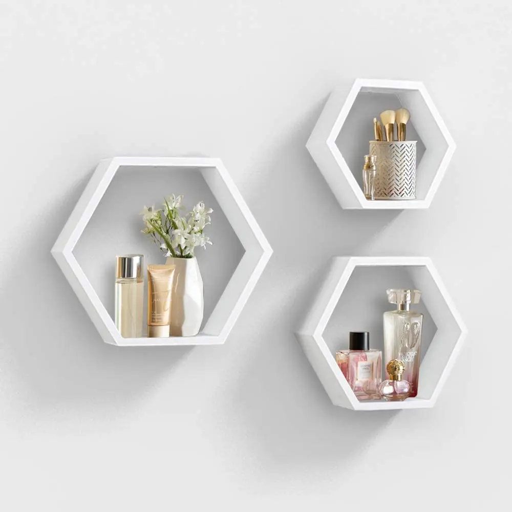 Wall Mounted Hexagon Floating Shelves Wooden Wall Organizer Hanging Shelf for Home Decor