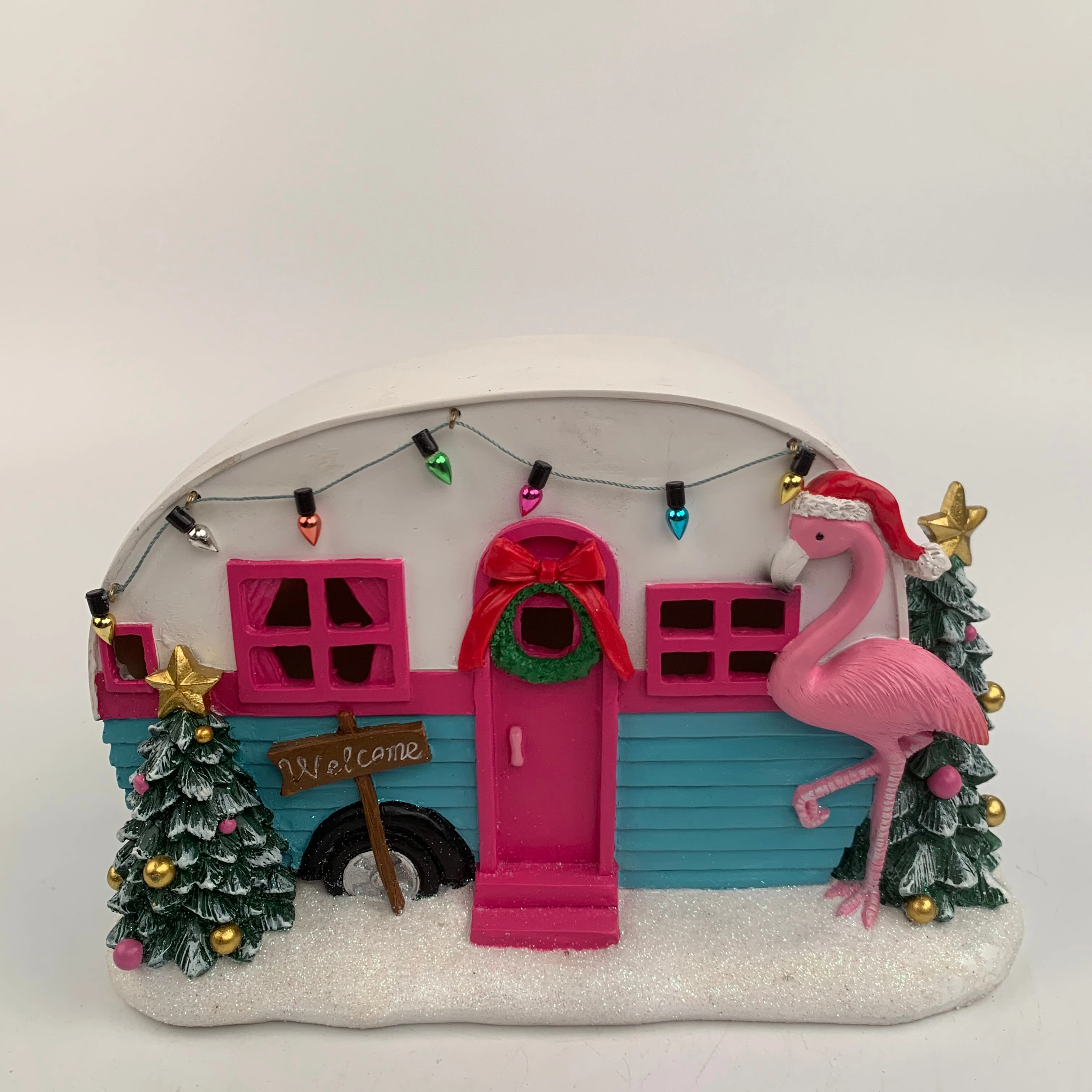 Hot Selling Home Decor Resin Crafts LED Red Flamingo Resin Statue Christmas Village House Resin Crafts