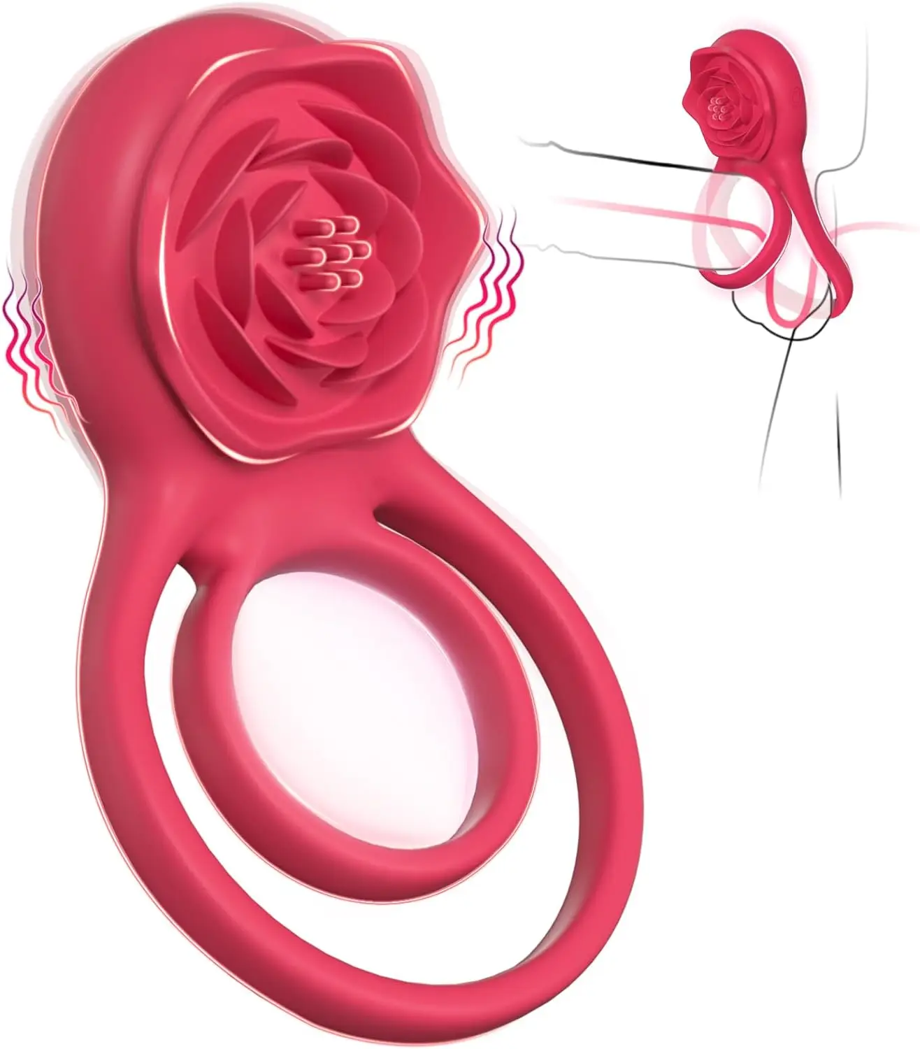 Vibrating Cock Ring with Rose Clitoral Stimulator Pleasure  7 Vibrations Penis Ring Vibrator Sex Toys for Men Women Male Couple