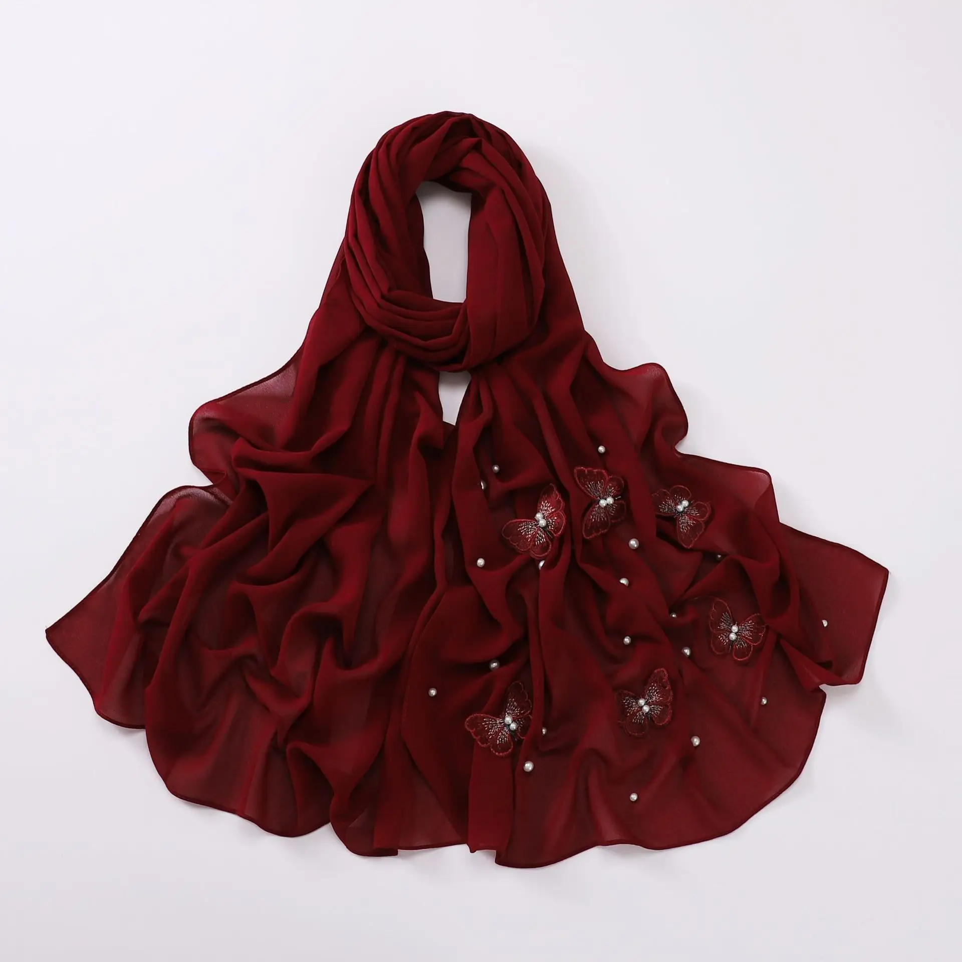 Fashion Muslim Hijabs Shawl Scarf Women Pearl Chiffon Three-dimensional Butterfly Studded Scarf Ethnic Gauze Headscarf