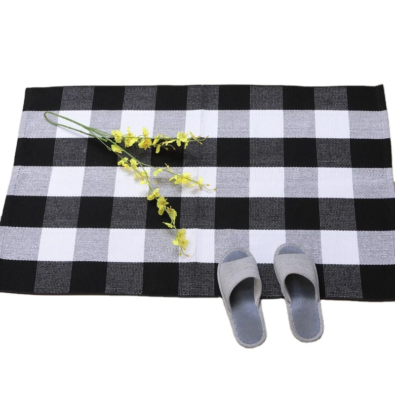 Buffalo Plaid Washable Navy Blue Stripe Entryway Outdoor Rug Cotton Hand-Woven Porch Front Door Mats