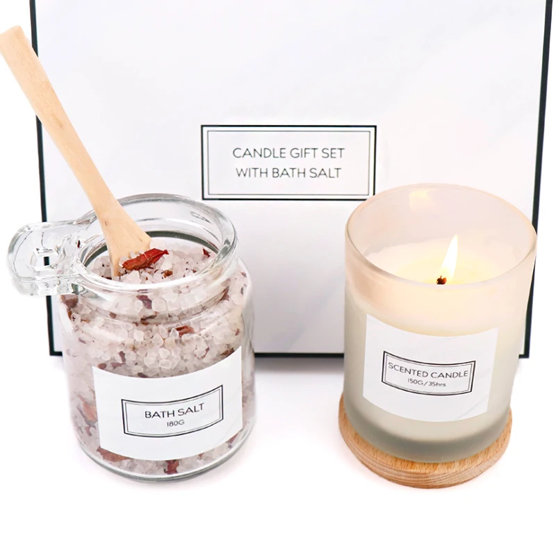 
OEM Private Label Relaxing Bath Scrub Epsom Salt Natural Scented Candles Pink Himalayan Bath Salts Gift set 