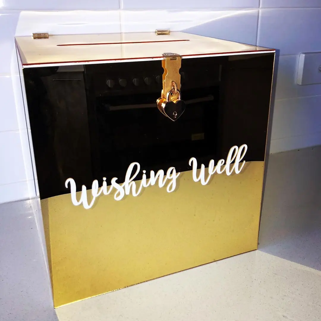 A&C Mirror Rose Gold Acrylic Wishing Well Box With Name Wedding Invitation Card Box