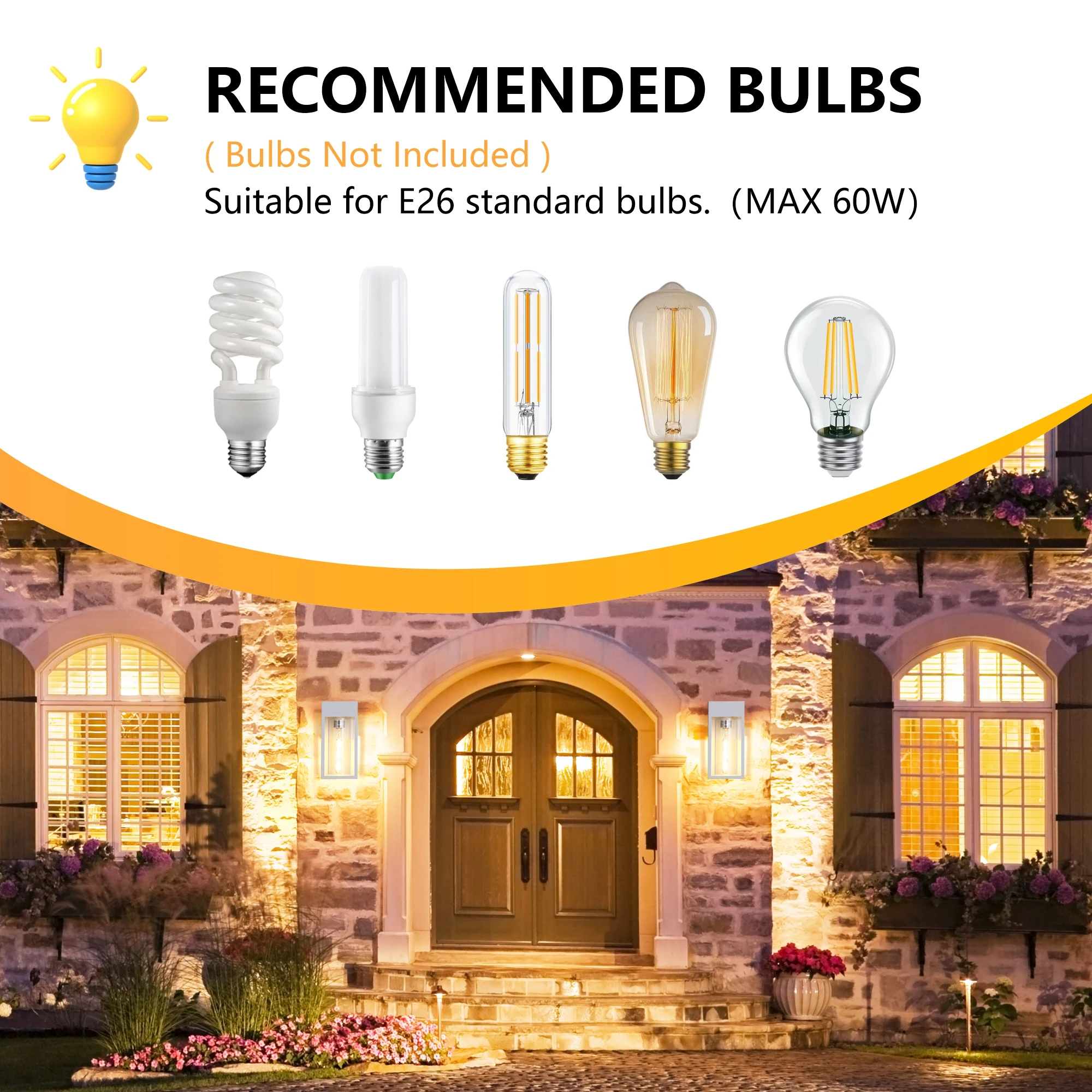 Square White E26 Sockets Glass 2 Pack Outdoor Light Wall Lamp Fixture Exterior Mounted Lantern Garden Porch Sconces Lighting