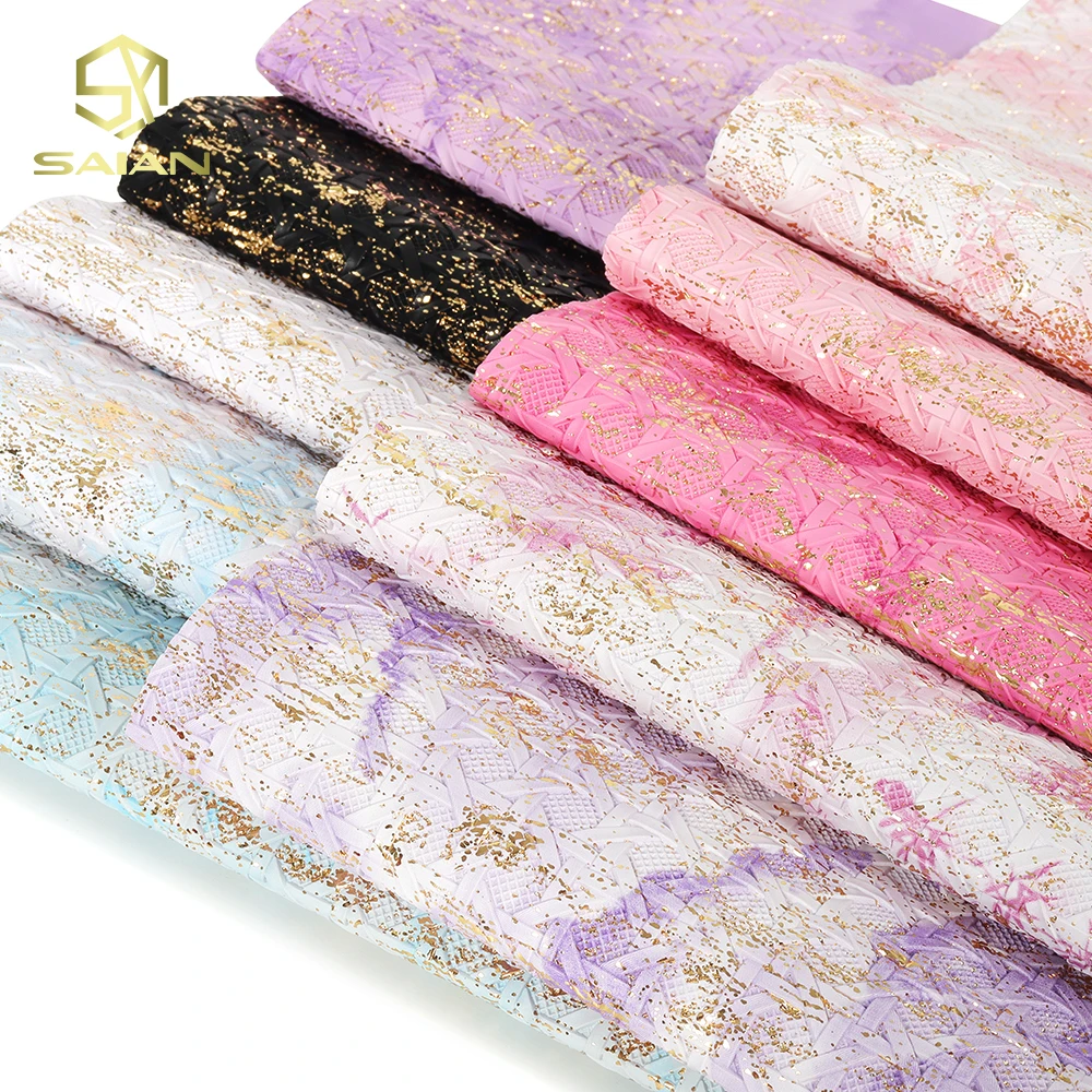 1.2MM Metallic Gold Foil Pattern Prints PVC Synthetic Leather Woven Textured Embossed Artificial Fabric Leather For Bags
