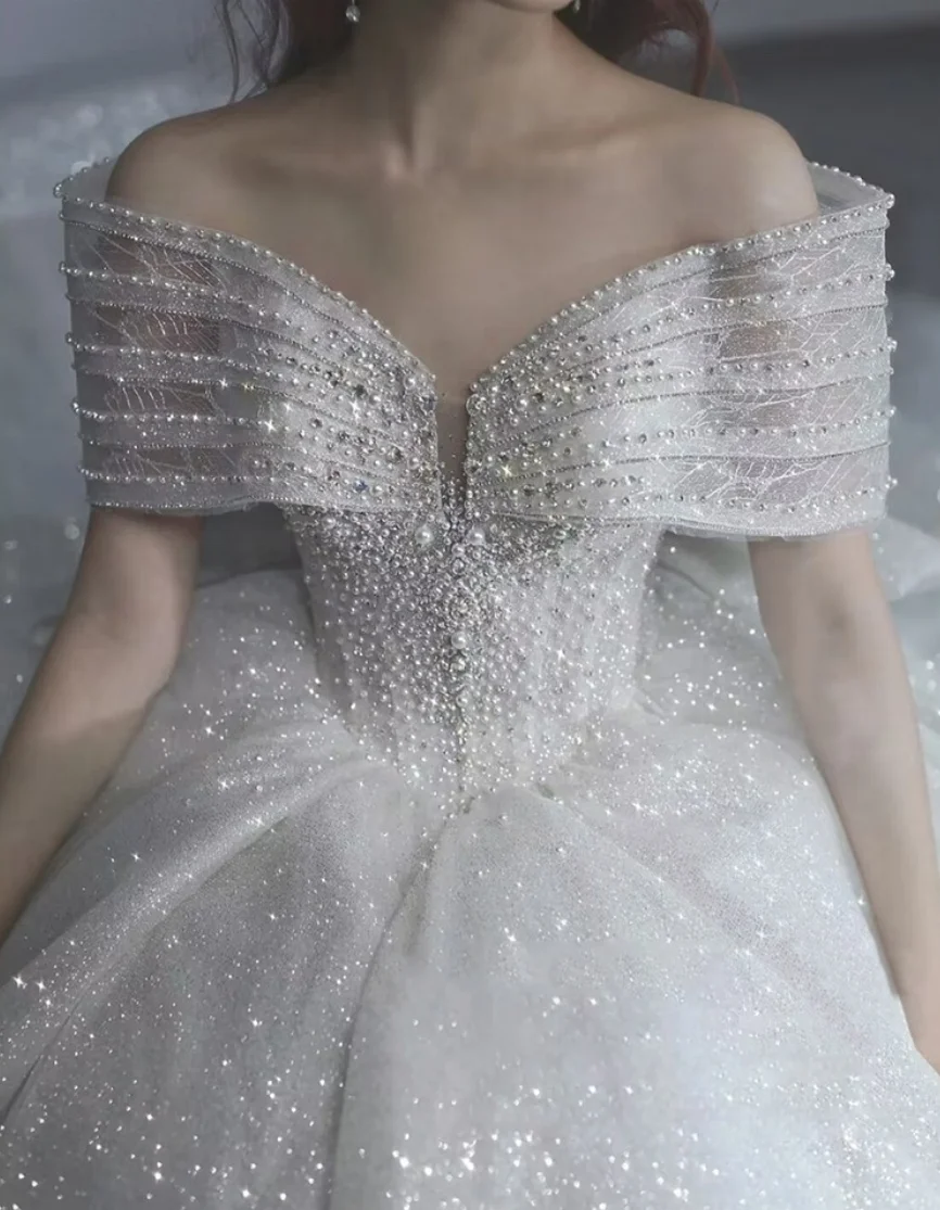 2024 New Stunning Shinny Off The Shoulder bling bling Bridal Dress Plus size Pearl Beaded 1.5m Sweep Train Bridal Wedding Gowns