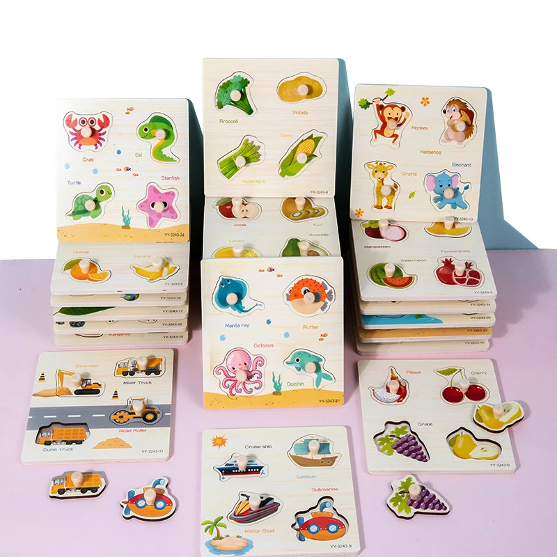 Wooden Mini Cartoon Animal Vehicle Pegged Puzzles Early Educational Learning Toys Baby Montessori Plywood For Kids Boys Girls