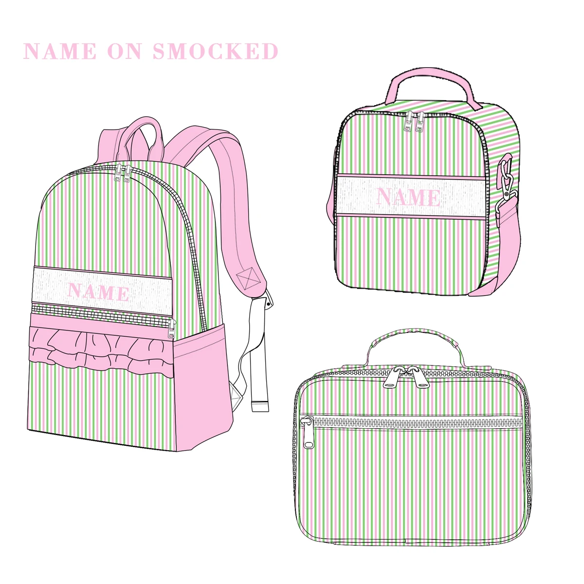 Lunch Bags Sweet little smock for Back to School Name write on Seersucker Bag-puresun