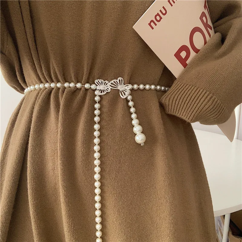 Fashion Elegant Dress Decorate Butterfly white Pearl Waist Women Elegant Chain Belt For Ladies Dress Waist Chain Belts