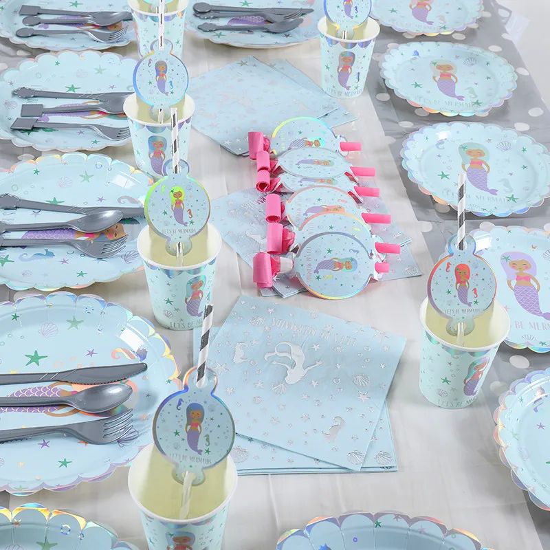 Новинка, горячее тиснение, серебряные принадлежности для вечеринки в стиле русалки, Набор детских принадлежностей для тематической вечеринки на день рождения, 6