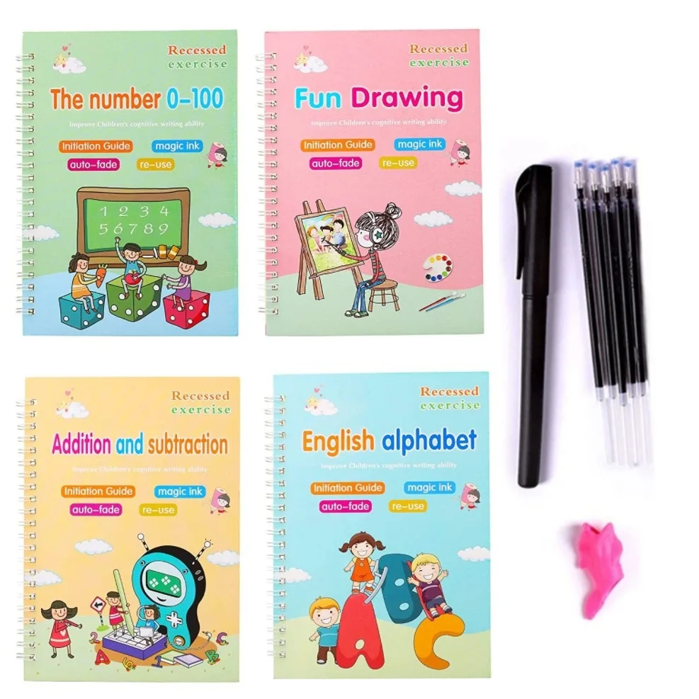 4pcs/set Handwriting Calligraphy Book Sank Magic Book with Pen Alphabet Drawing Math Number Reusable English Practice Copybook