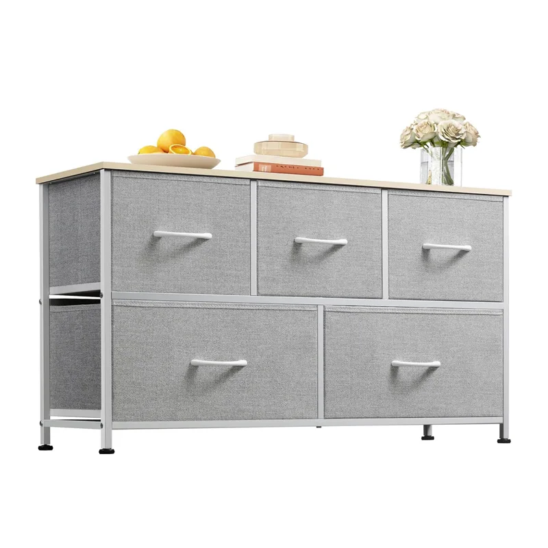 Living Room Hallway Light Grey Storage Organizer Unit Fabric Bins Closet Dresser Bedroom 5 Drawers Wide Chest Fabric Dresser