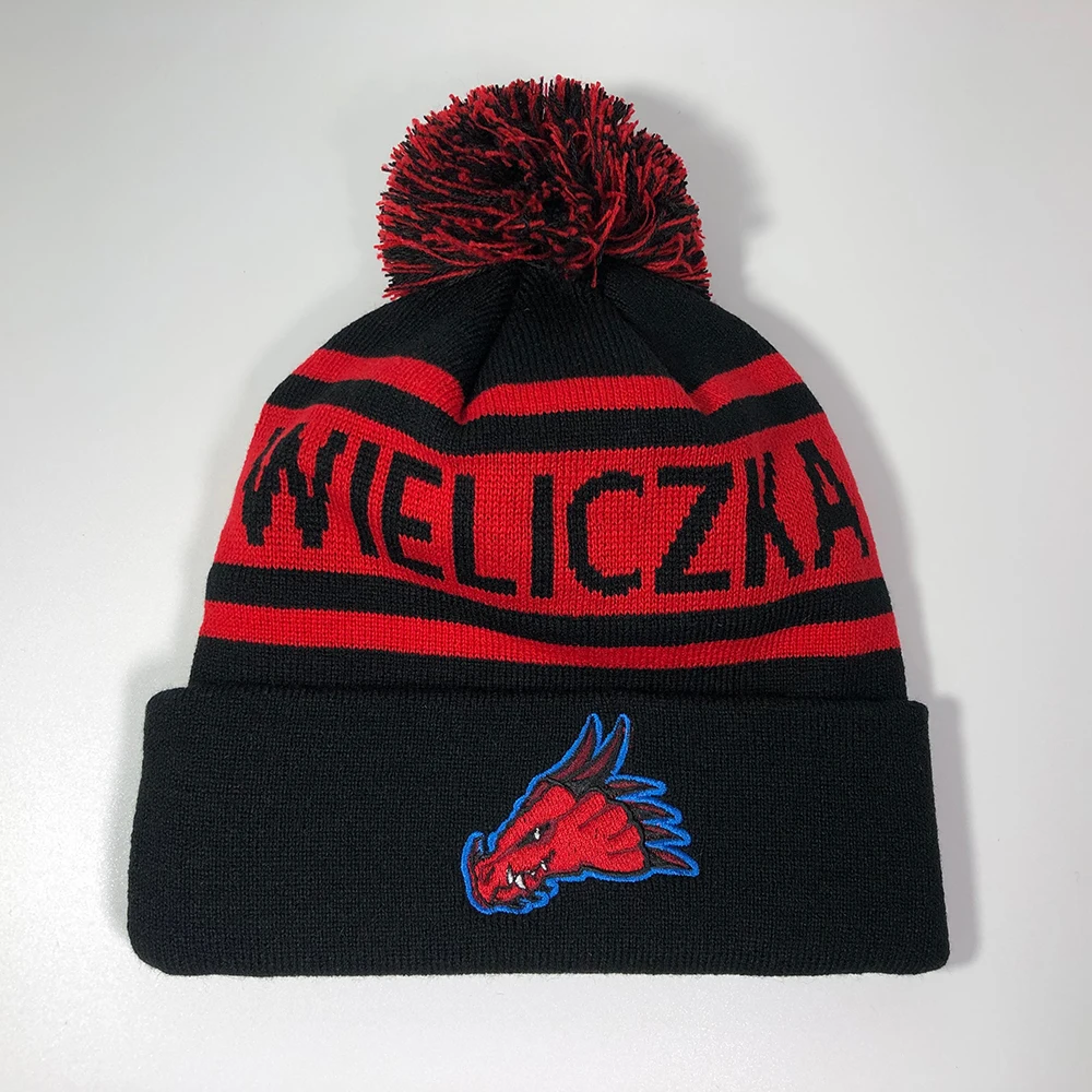 High Quality Football Jacquard Embroidery logo Pom Pom Beanie Custom Character Knitted Winter Hats Unisex Warm Skull Ski Cap