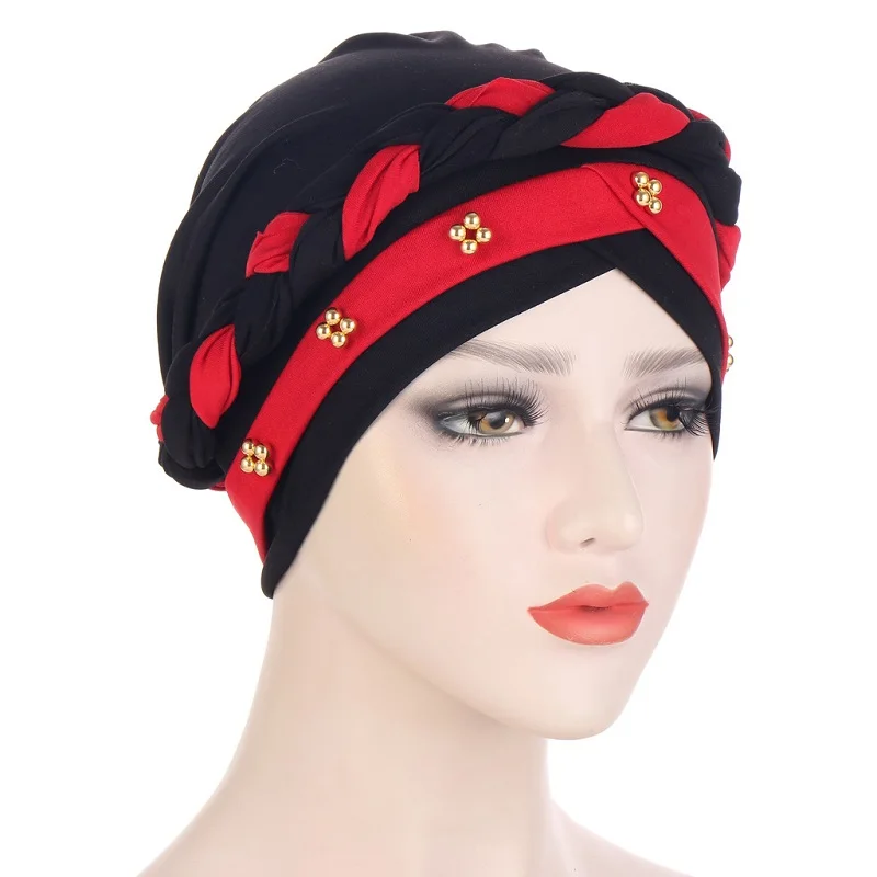 Two-Color Muslim Milk Silk Bicolor Beads Braid Headwear Turban Caps Cotton Inner Hijabs Bonnet for Women