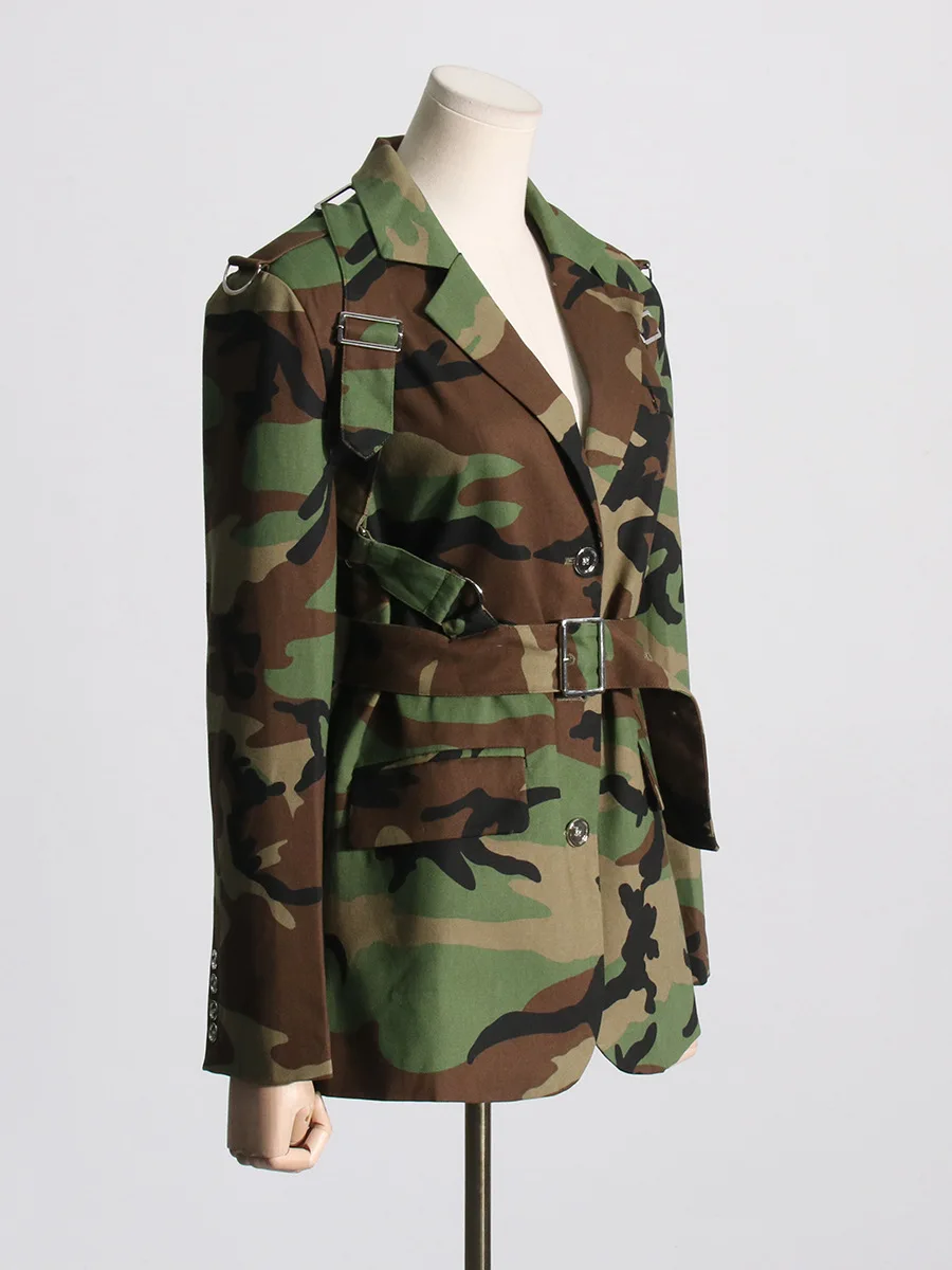 2024 Fashion V-neck Long Sleeve Belt Print blazer lapel coat