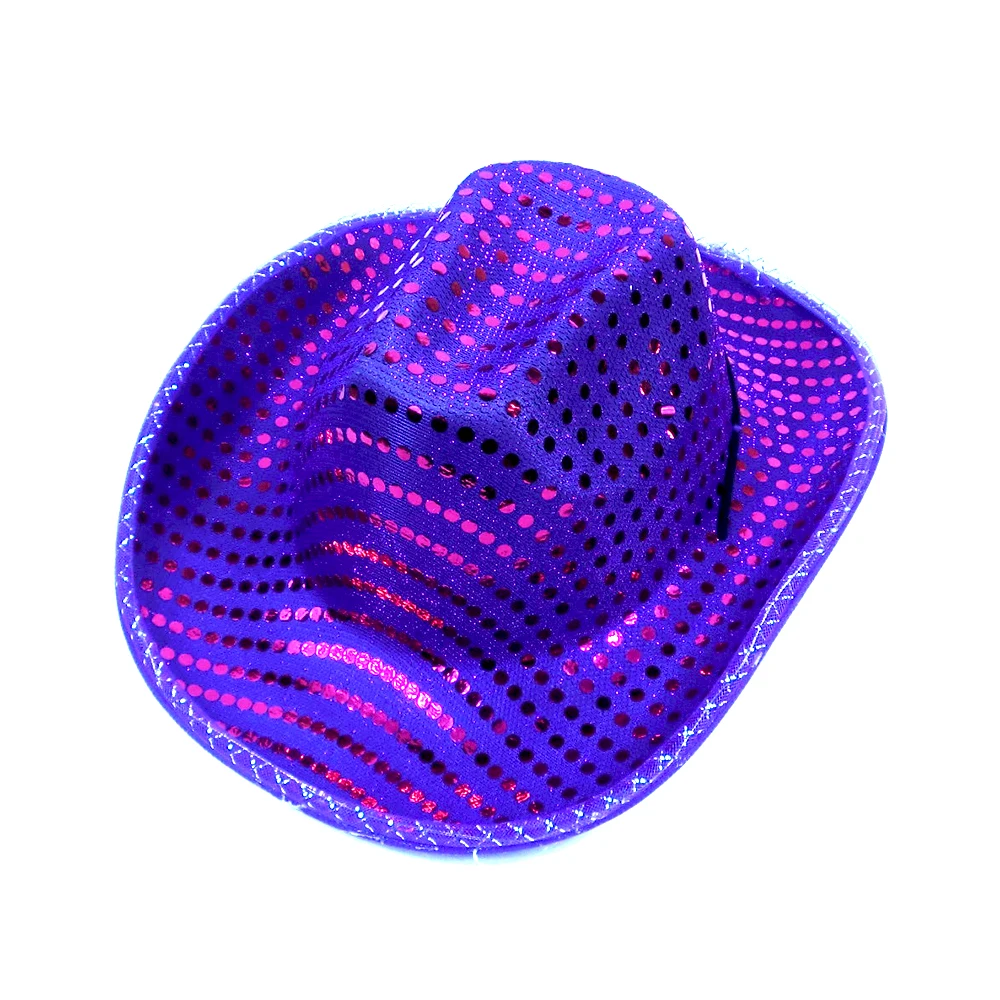 Stock Halloween Christmas Festival Sequin Party Hats Cosplay Costume Hats Western Cowboy Style Colorful LED Light Up Hat