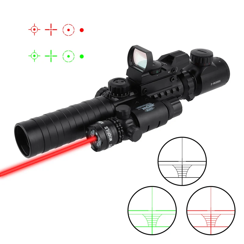 MZJ Optics 3-in-1 Combine Optical 3-9x32EG Red Green Dual Illumination Multi-function Scope with 4 Reticle Sight Red Laser Sight