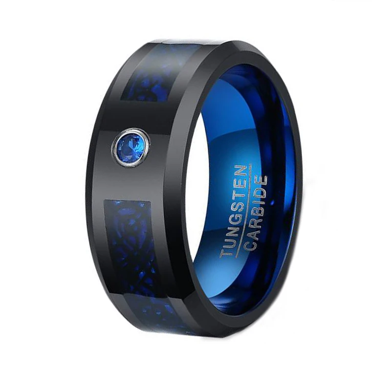 
New Arrival Carbon Fiber and Celtic Dragon Inlay Black And Blue Tungsten Carbide Ring For Men 