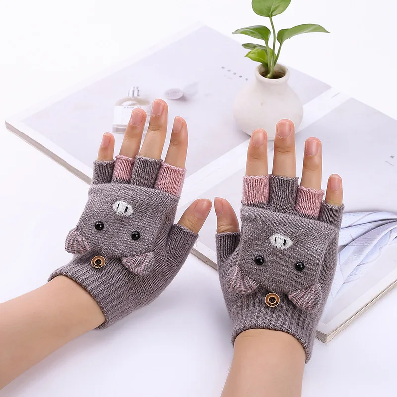 Winter Cute Cartoon Children Fingerless Glove with Mitten Cover Knit Warm Student Text Convertible Flip Top Half Finger Gloves