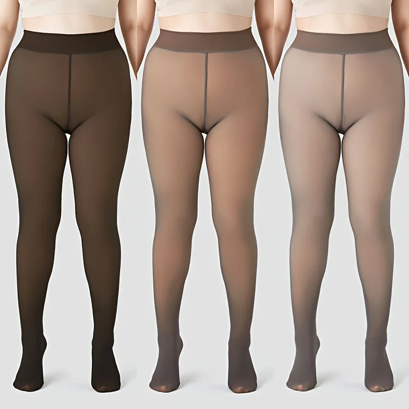 Plus Size High Waist Compression  Footed Pants Tights Winter Fleece Lined Warm Stockings Translucent Thermal Leggings for Women