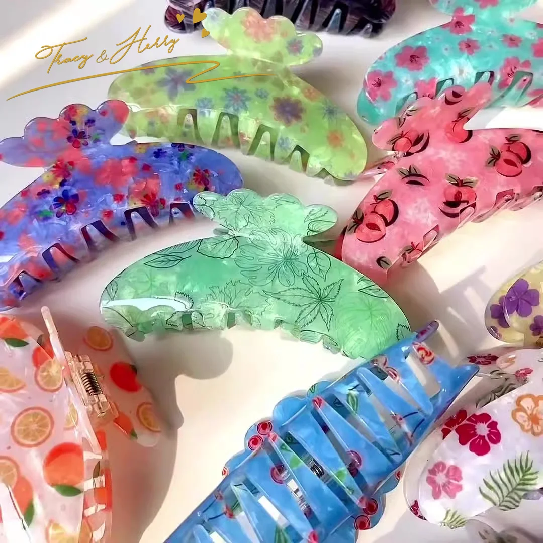 Tracy & Herry  2024 Newest Large Floral Clip For Women Colorful Printed Hair Clip For Girls Summer Hair Clamp
