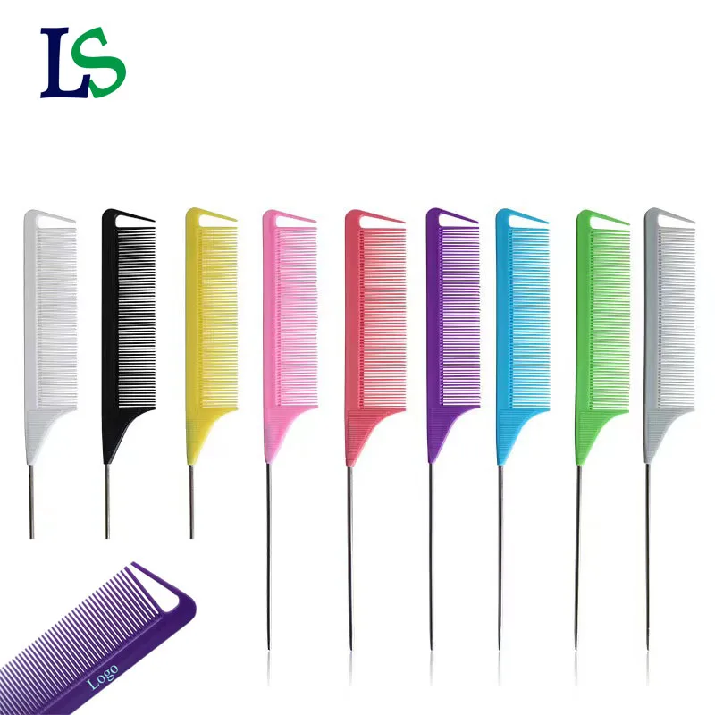 Hot Customized Pink Hair Tinting Parting Comb salon styling metal pin rat tail carbon braiding comb for women
