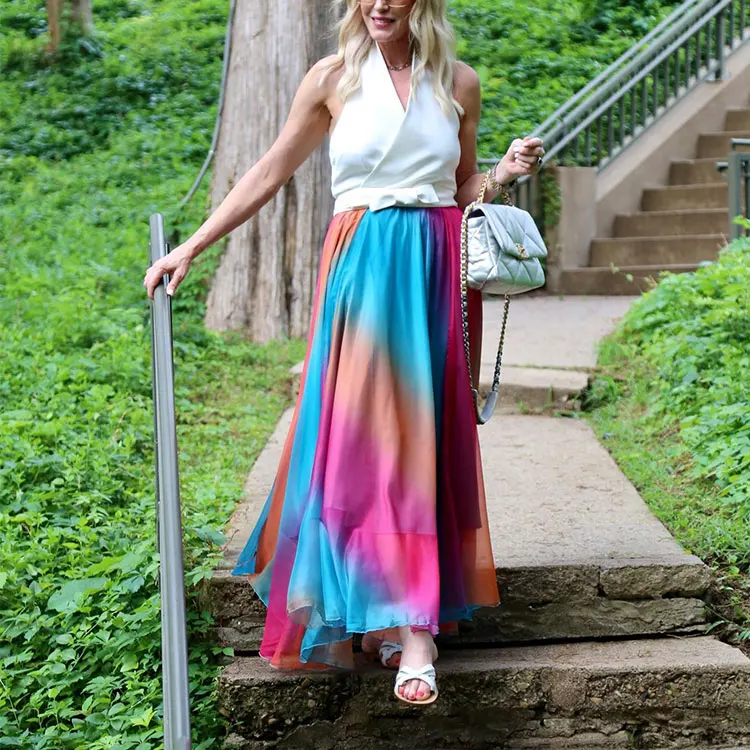 high quality trendy vacation rainbow casual wear colorful beach skirts mujer fashion tie dye chiffon gossamer maxi skirt